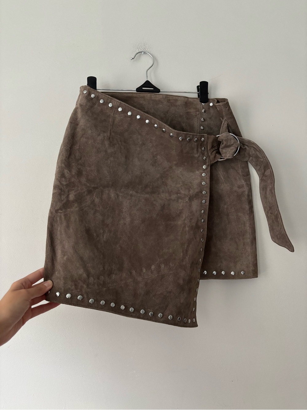 Y2K Punk Studded Suede Grunge Grey Taupe Mini Streetwear Skirt - Size Small